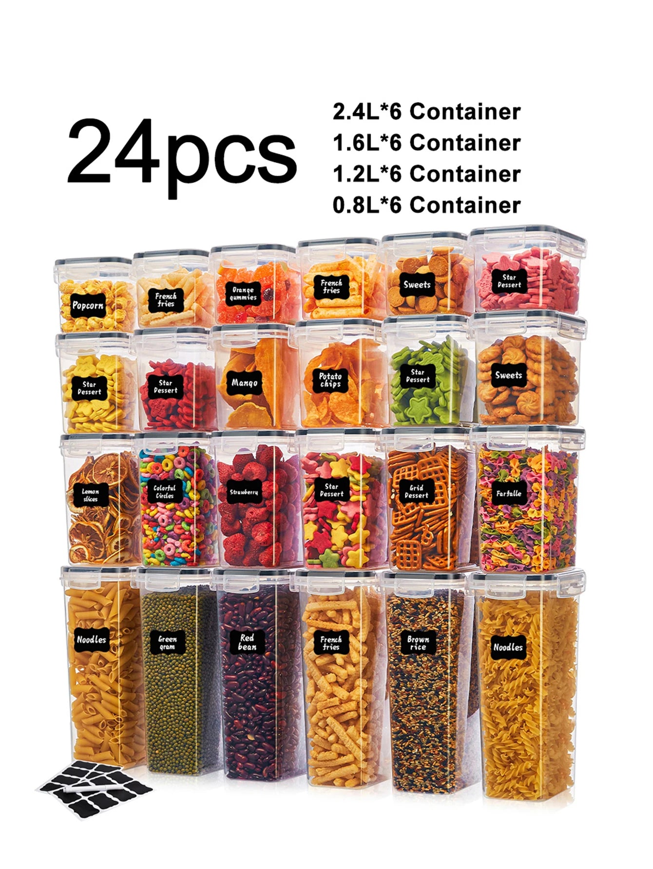 Airtight Food Storage Containers With Labels 24 Piece Set Four Capacities 28 Oz 40 Oz 56 Oz 85 Oz For Pantry