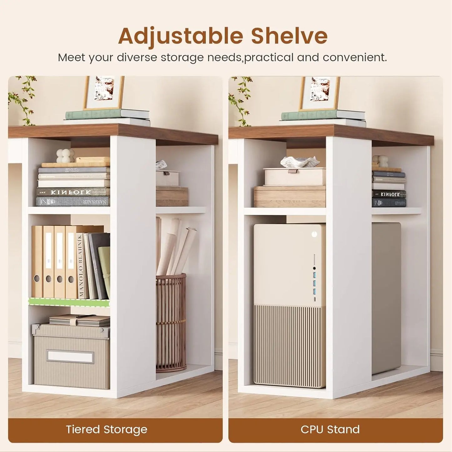 Farmhouse 67" L Shaped Desk with 3 Drawers, White Corner Computer Desk with Storage Shelves, Home Office Desks with, Customized