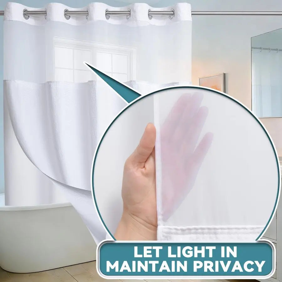Wide Waffle Weave Shower Curtain With Snap In Liner Set With Easy Mount Flex On Rings For Fast Installation