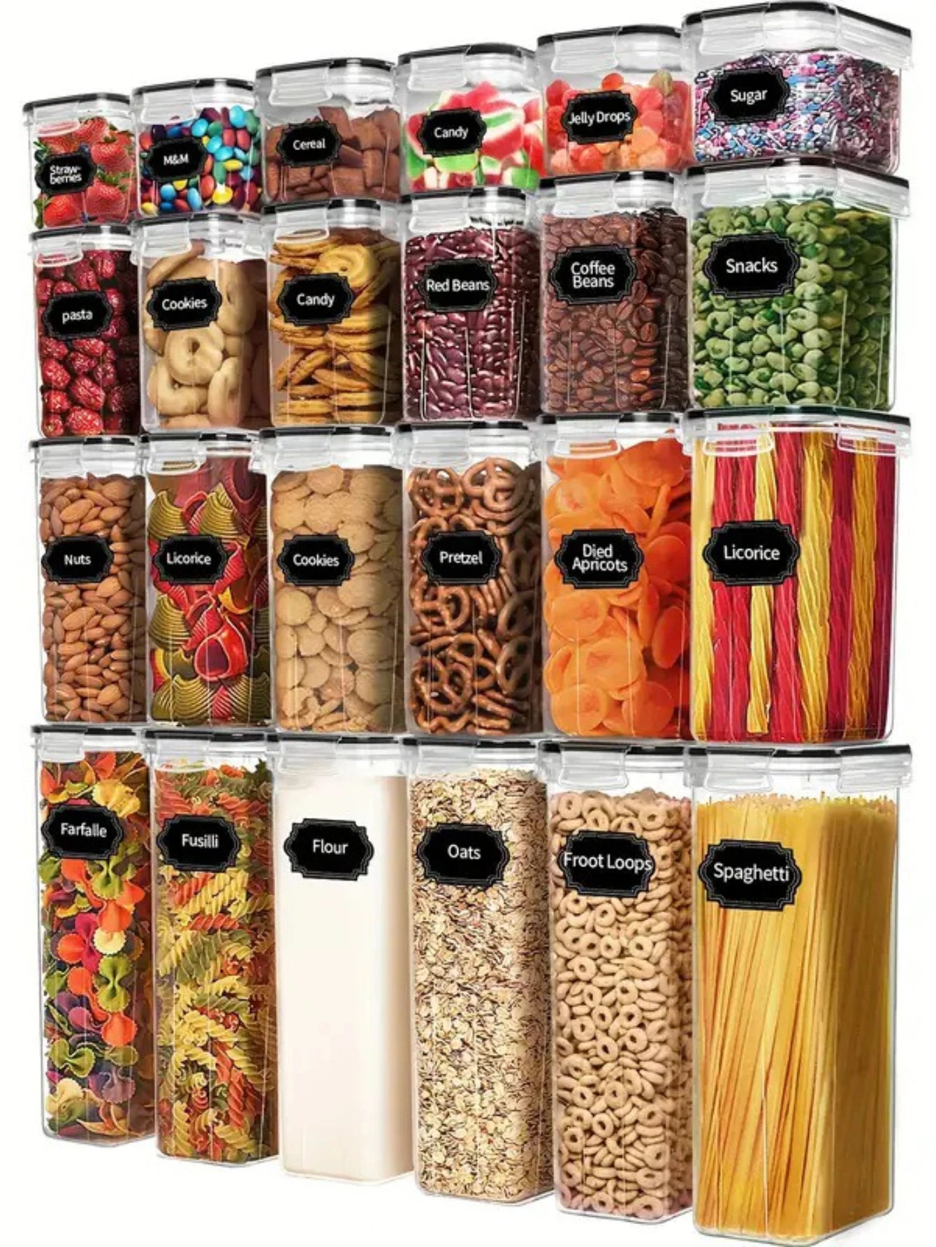 Airtight Food Storage Containers With Labels 24 Piece Set Four Capacities 28 Oz 40 Oz 56 Oz 85 Oz For Pantry