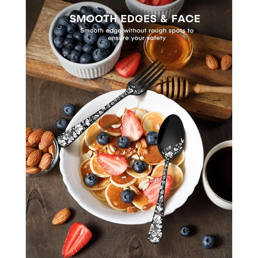 48Piece Black Silverware Set with Steak Knives Stainless Steel Cutlery Flatware Set for 8 Utensil Sets Include Forks Spoons and