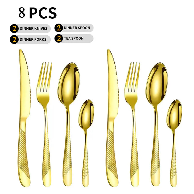 Pioggia Stainless Steel Cutlery Set For Four Person Everyday Dining With Silver Gold Coating And Mirror Bullion Finish