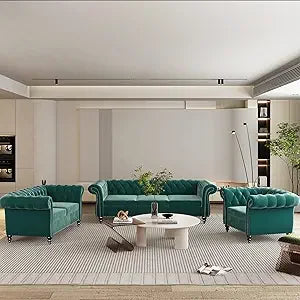 DAFIFY Velvet Chesterfield Living Room Set With Nailhead Three Piece Sofa Loveseat Chair