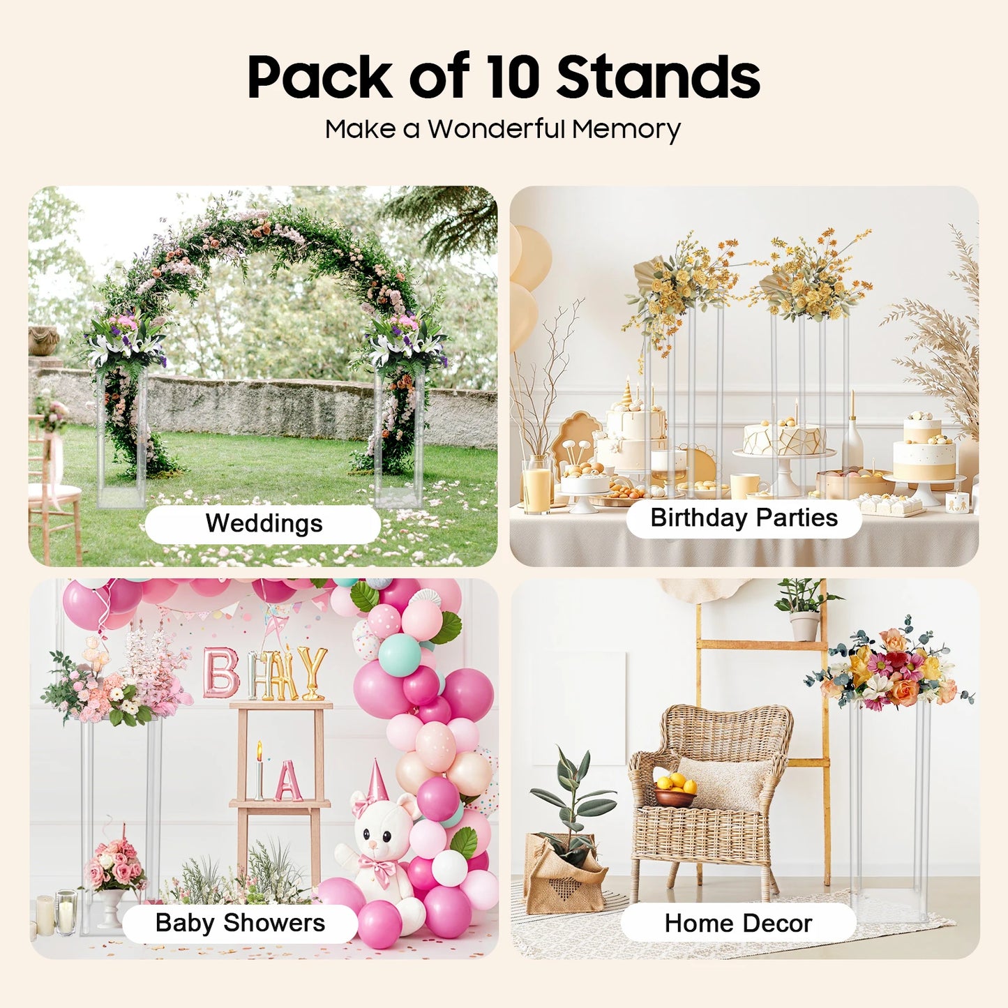 Clear Acrylic Flower Display Stand Set for Wedding Decor, 4.5mm Thick Durable Columns, 3kg Per Stand