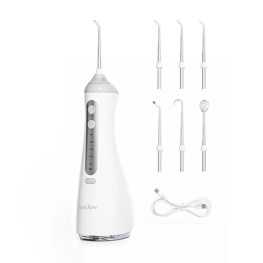 SEJOY Portable Water Flosser Irrigator With 5 Tips For Cleaning 1400 To 1800 Pulsations And 10 To 90 PSI 360 Rotatable