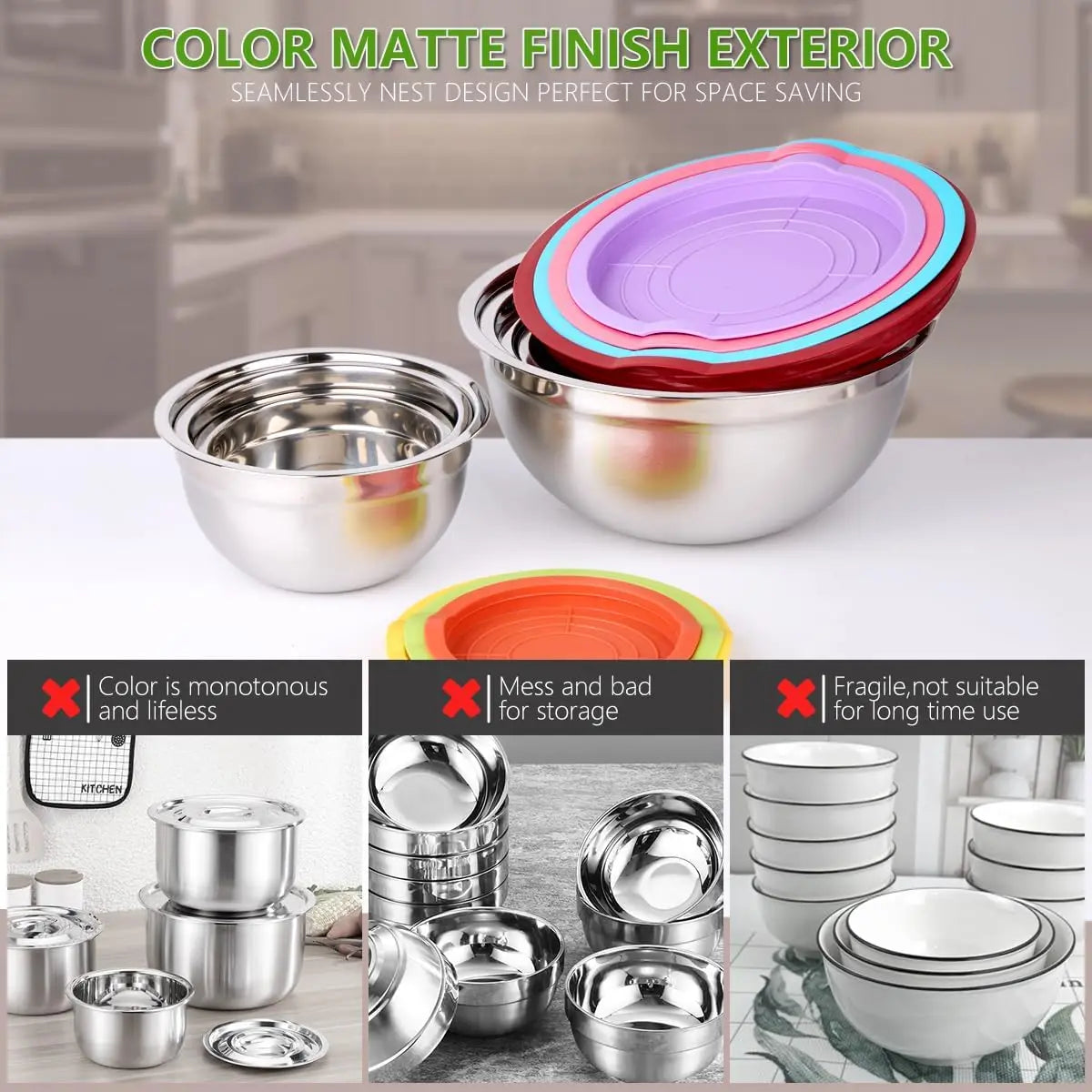 Stainless Steel Mixing Bowls With Lids Set Of 17 Pieces Six Thickened Bowls 1.1 To 4.5 Quarts For Baking And Storage