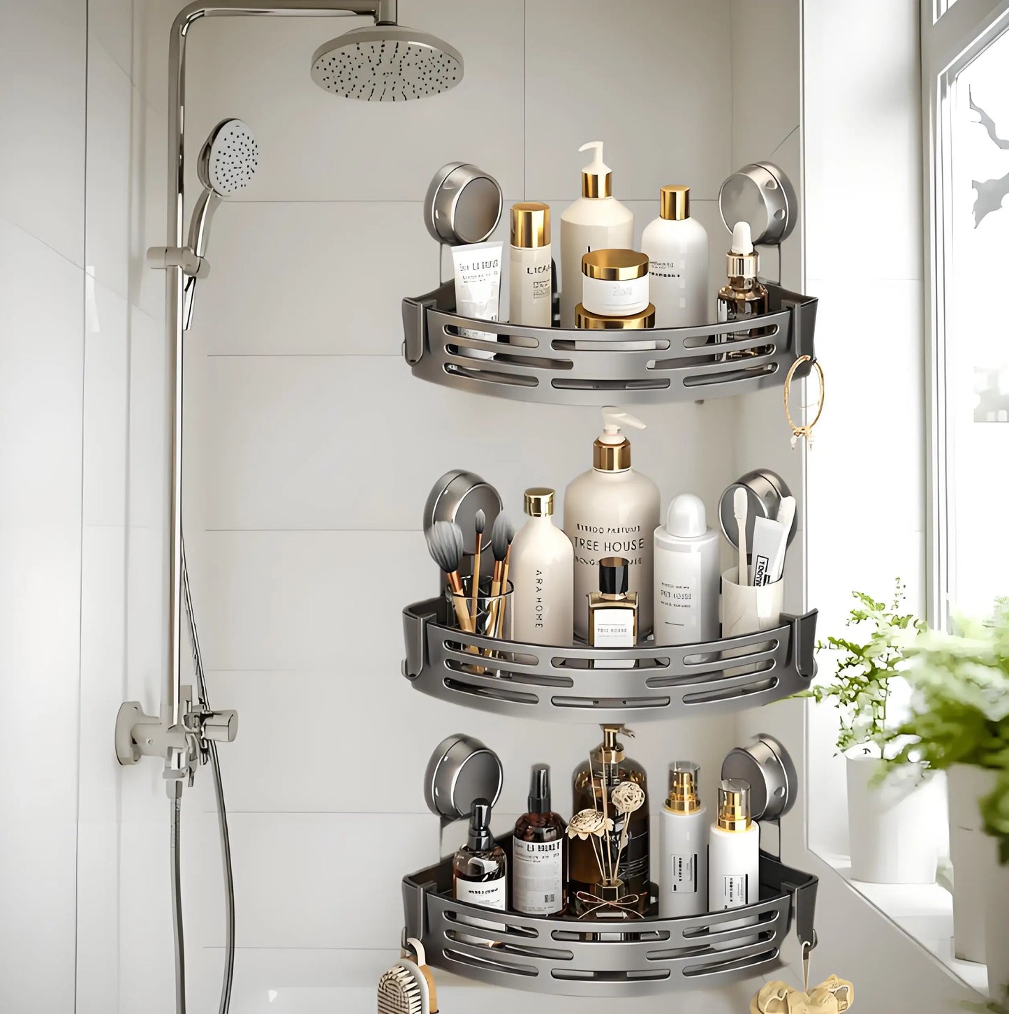 Easy Install Shower Corner Rack, 3-Tier Storage with Suction Cups & Hooks - Keeps Bathroom Dry and Organized