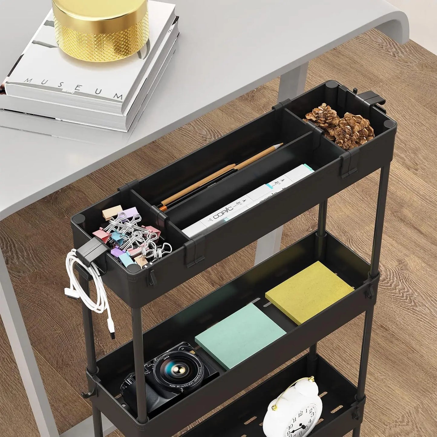 Slim 4-Tier Rolling Storage Cart, Mobile Shelving Unit for Bathroom, Office, Kitchen & Laundry Room in Black