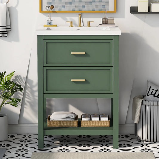 SH.KL 24'' Bathroom Vanity with Top Sink, Free Standing Single Basin Vanity Set with 2 Drawers, Wooden Bathroom Cabinet, Blue