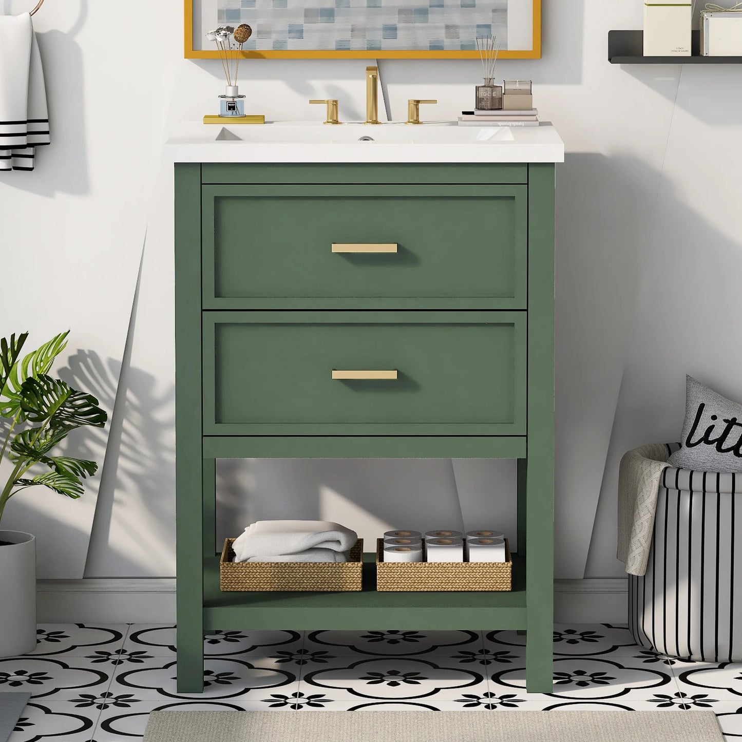 SH.KL 24'' Bathroom Vanity with Top Sink, Free Standing Single Basin Vanity Set with 2 Drawers, Wooden Bathroom Cabinet, Blue