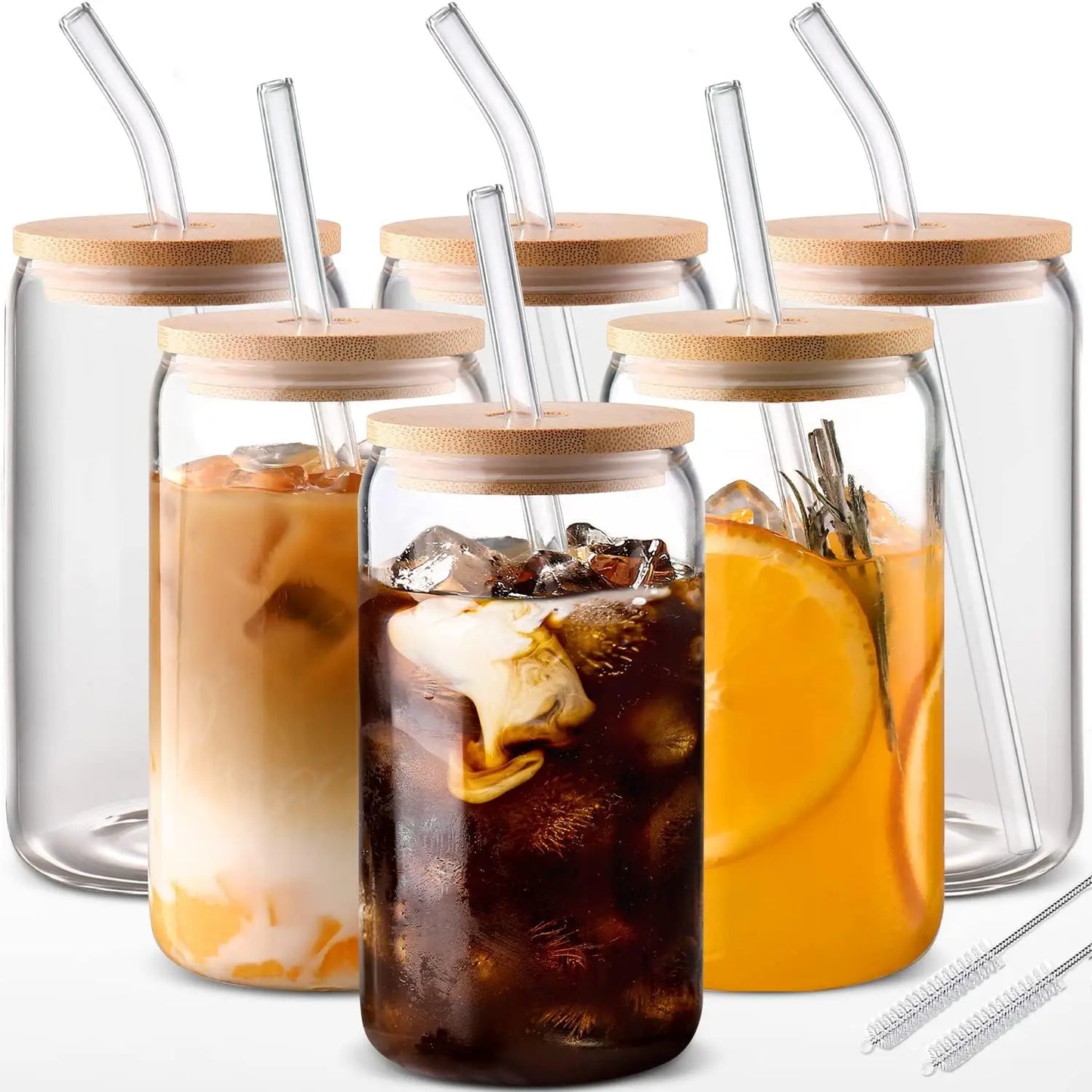 Drinking Glass Set With Bamboo Lids And Glass Straws 6 Piece 18.6 Oz Capacity For Everyday Use