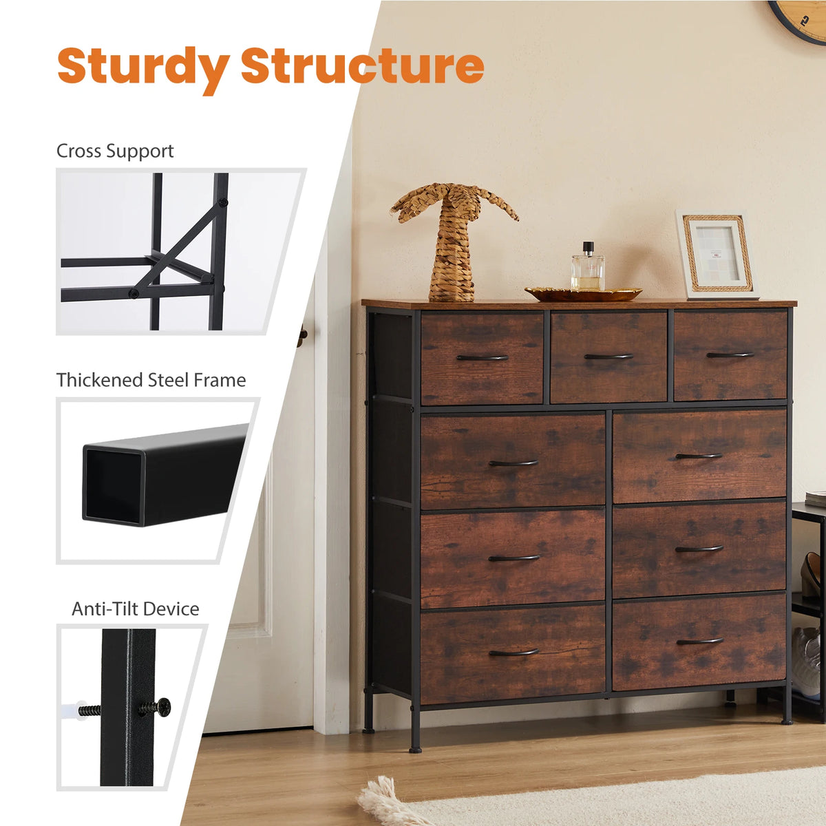 JHK Modern 9 Drawer Fabric Storage Wardrobe Organizer TV Stand
