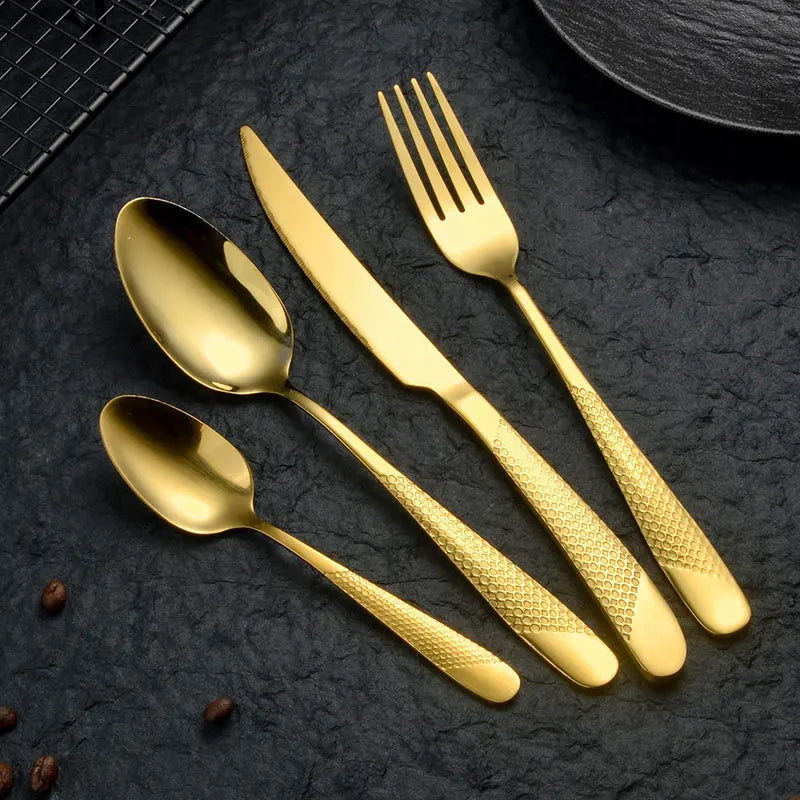 Pioggia Stainless Steel Cutlery Set For Four Person Everyday Dining With Silver Gold Coating And Mirror Bullion Finish