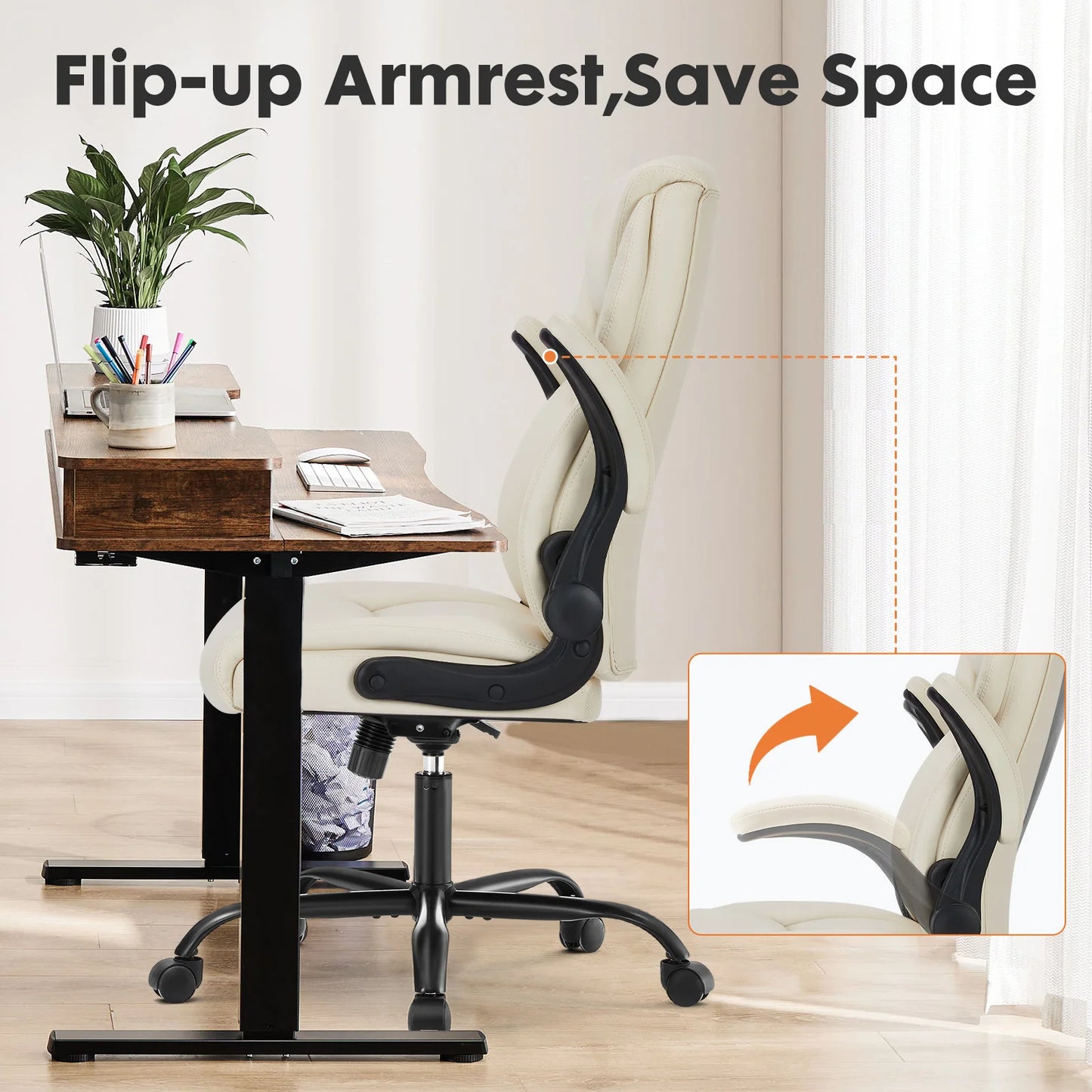 JHK Ergonomic Office Chair PU Leather Heavy Duty Task Chair With Flip Up Arms For Long Hours Comfort And Lumbar Support