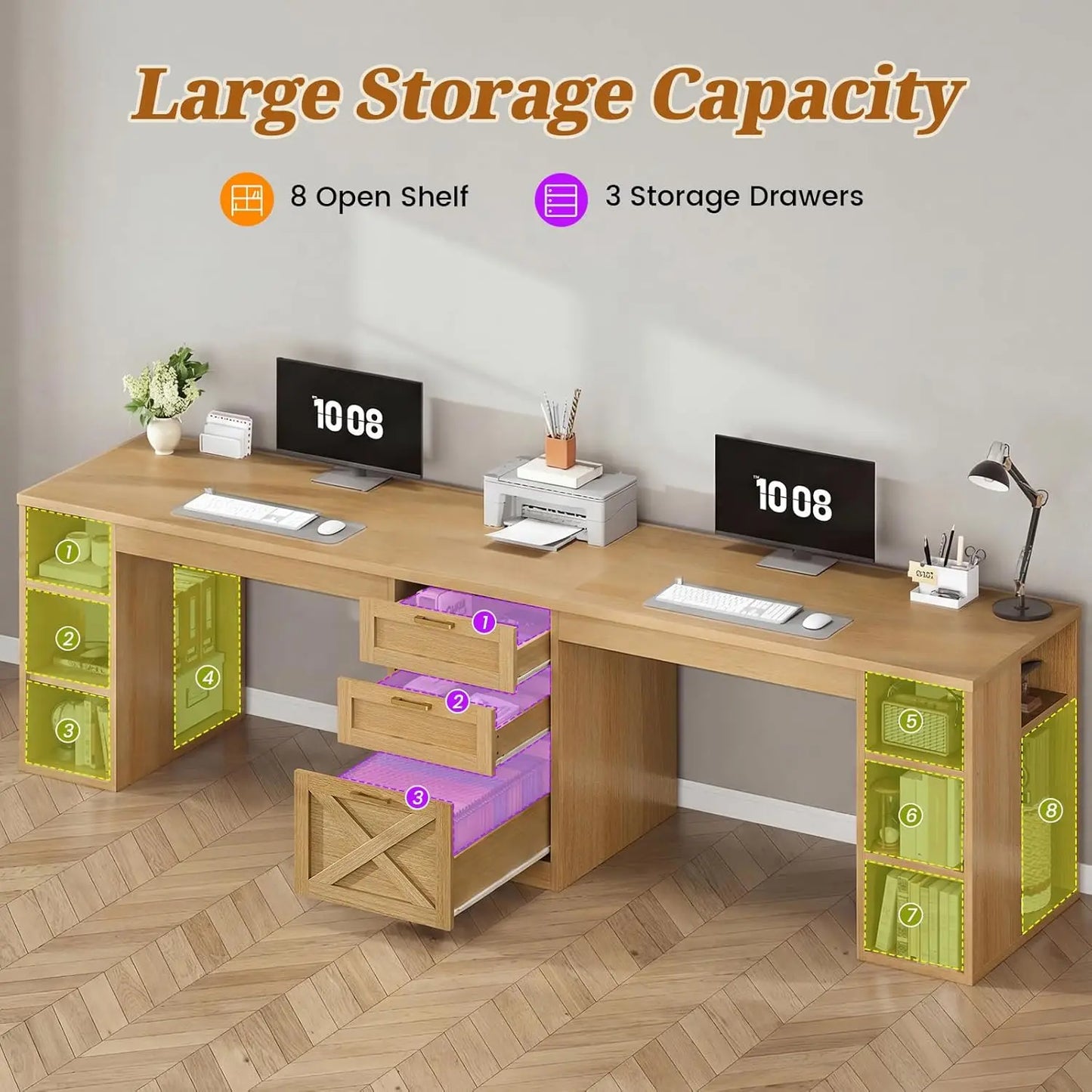 Farmhouse Office Desk For Two With Drawers And Printer Stand 96.5 Inch Wide Double Work Surface