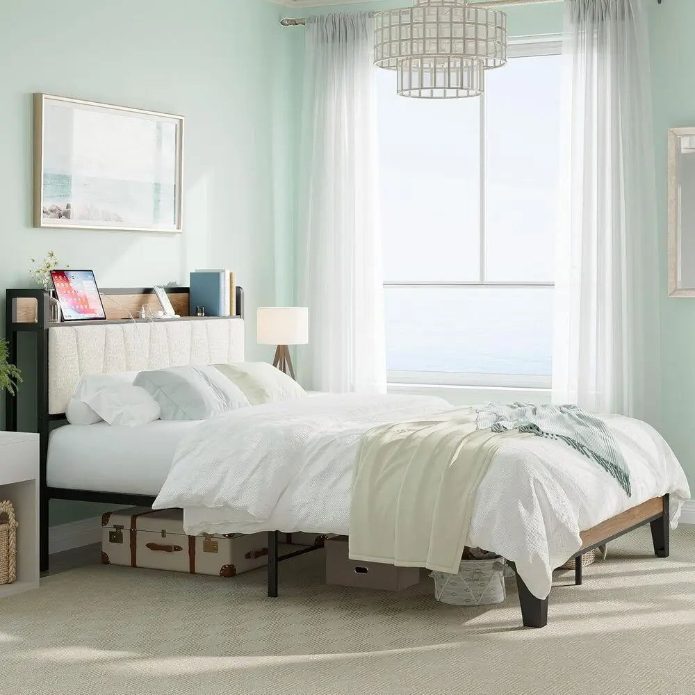 Likimio Bed Frame With Storage Headboard And Charging Station With USB Ports And Outlets With Heavy Duty Metal Slats