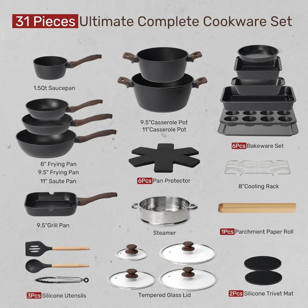 Pots and Pans Set Non Stick 31 Piece Kitchen Nonstick Cooking Cookware Sets with Grill Pan Saucepan Baking Sheet Utensil