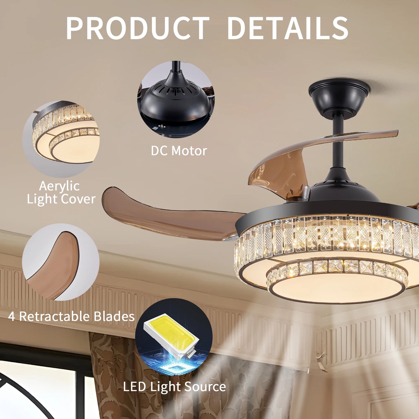 ARLGSITE Luxurious Crystal Ceiling Fan Light Remote Control Timer