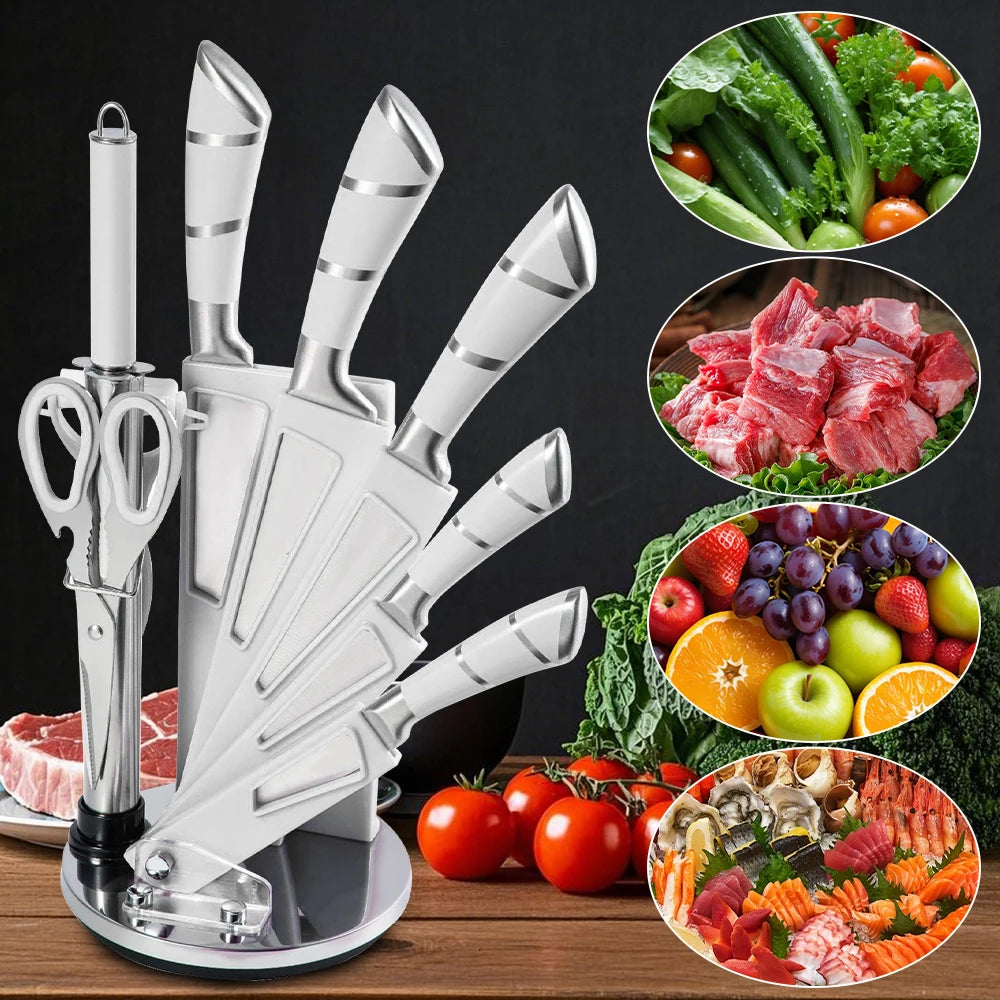 MDHAND 9pcs Kitchen Knife Block Set Sharp Stainless Steel Sharp Cutlery with Rotatable Storage Stand Scissors and Sharpener