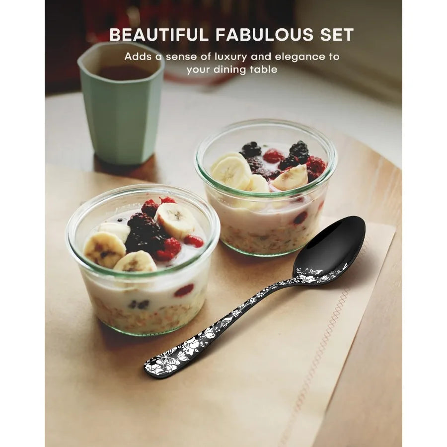 48Piece Black Silverware Set with Steak Knives Stainless Steel Cutlery Flatware Set for 8 Utensil Sets Include Forks Spoons and