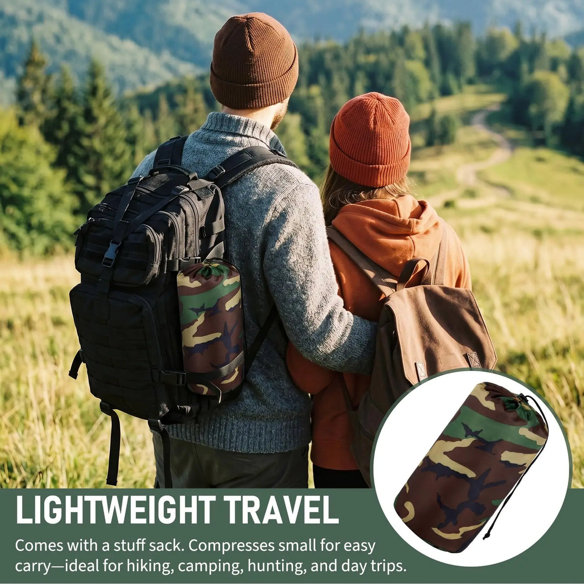 Portable Quilted Camping Blanket Green Camo Survival Poncho Liner】【。