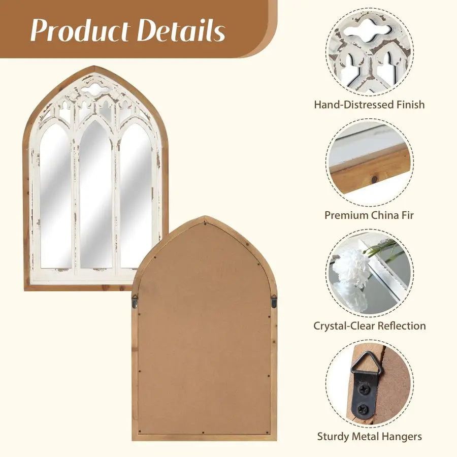 Cathedral Farmhouse Window Wall Mirror With Wooden Frame