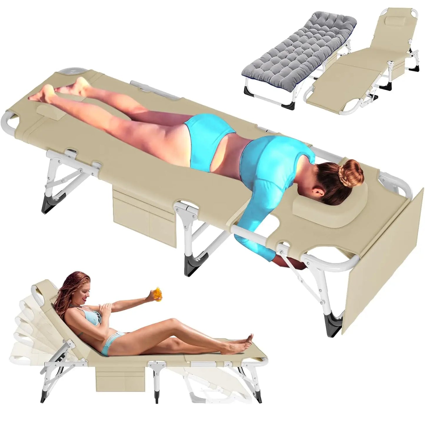 4-In-1 Outdoor Lounge Chair With Face Holes For Tanning Heavy-Duty Recliner Weather-Resistant For Poolside And RV
