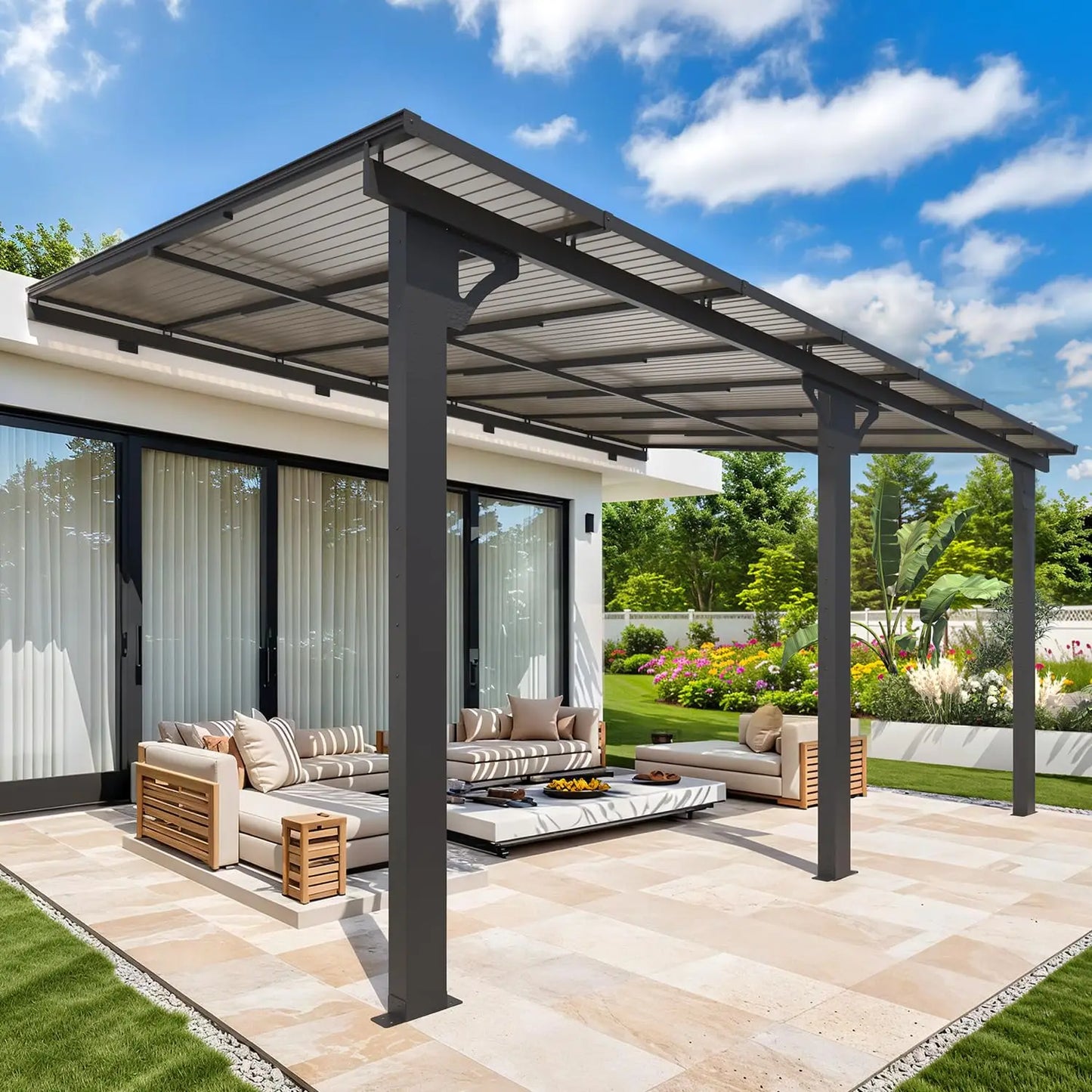 Hard Top Gazebo Pergola Wall Mounted Steel Roof