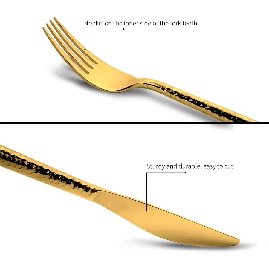 18 10 Stainless Steel Flatware Set Hand Forged Silverware Set Cutlery Set Shiny Gold Round Hammered Handle Mirror Finished 20 P