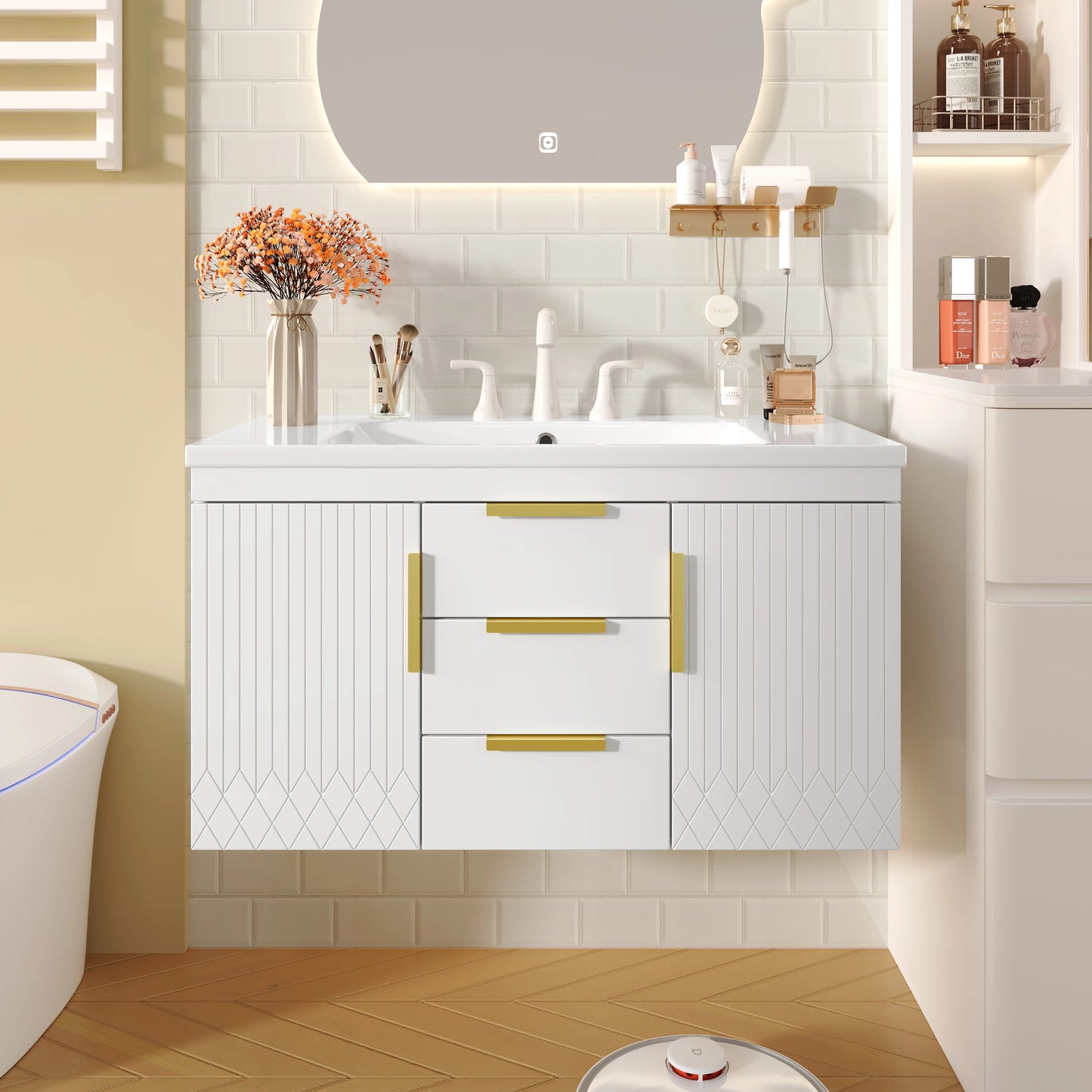 SH.KL 36'' Wall Mounted Bathroom Vanity, Bathroom Floating Vanity with Sink Combo, Storage Cabinet with 2 Drawers, Metal Handles