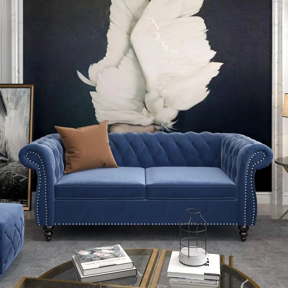 Elegant Scroll Arm Loveseat and Sofa Set for Living Room and Den With Chesterfield Button Tufting and Nailhead Accents