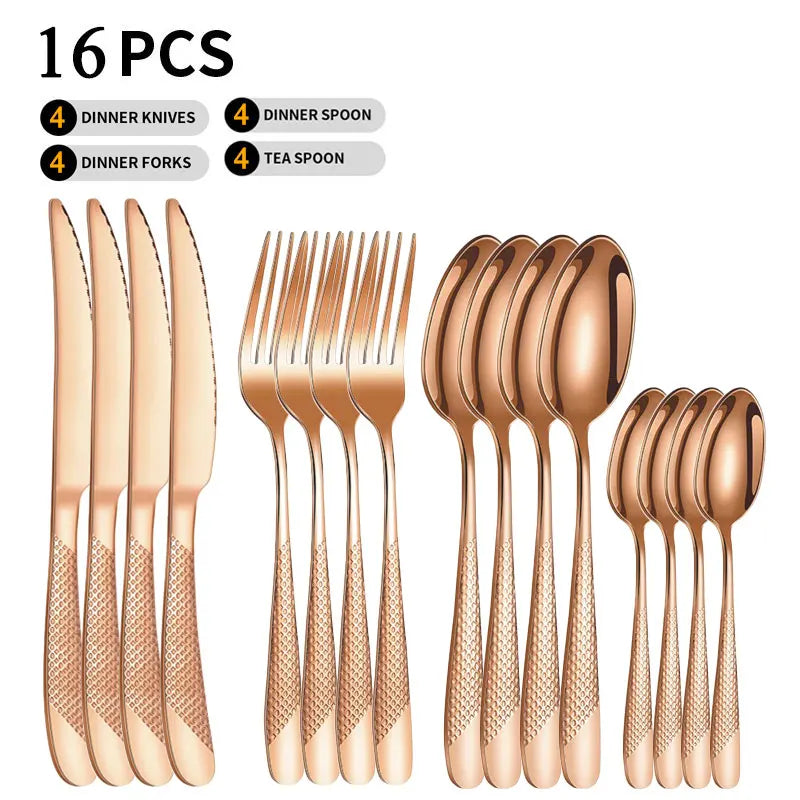 Pioggia Stainless Steel Cutlery Set For Four Person Everyday Dining With Silver Gold Coating And Mirror Bullion Finish