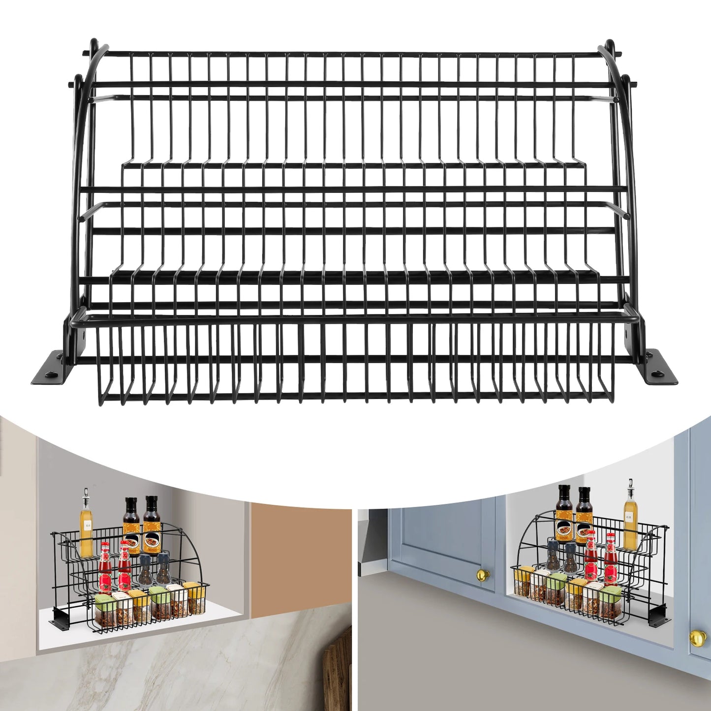 3-Layer Pull-Down Cabinet Metal Storage Rack with Expandable Spice Rack, Large Capacity for Kitchen, Bedroom, And Office Use