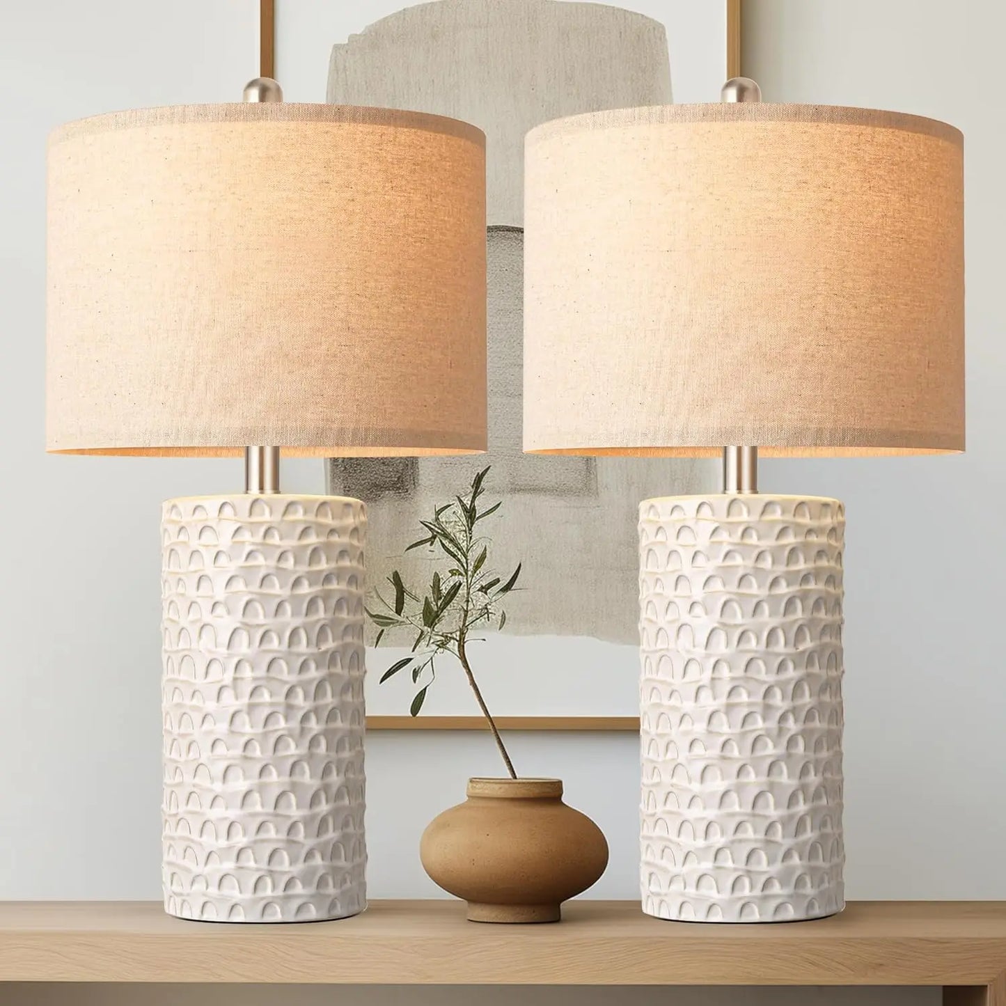 Modern Ceramic Table Lamp Set of 2, Rustic Farmhouse Lamps
