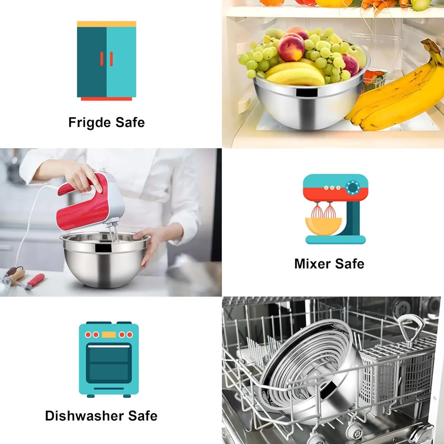 Stainless Steel Mixing Bowls With Lids Set Of 17 Pieces Six Thickened Bowls 1.1 To 4.5 Quarts For Baking And Storage
