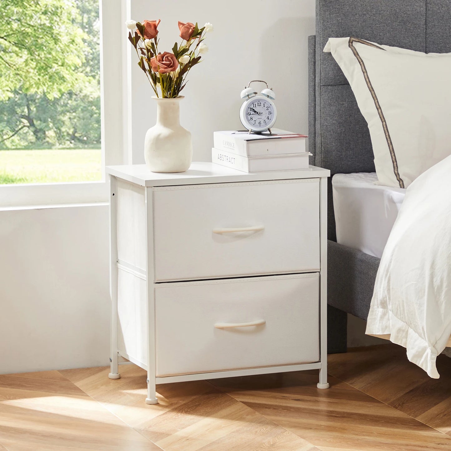 JHK Premium BedsideNightstand Table With 2 Durable Fabric Drawers StorageCabinet