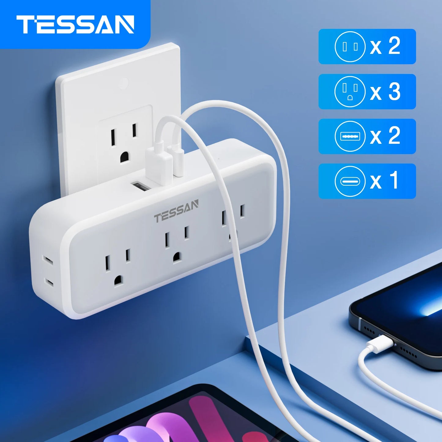TESSAN 8-in-1 Ultra-Compact Power-Saving Wall Outlet Surge-Protector 5-Outlets USB