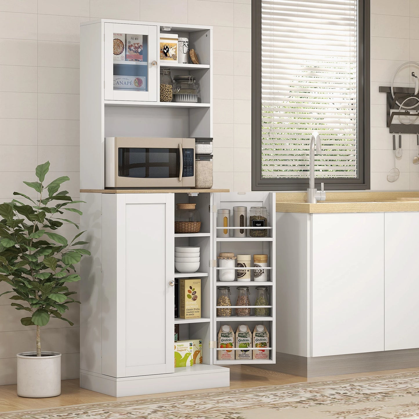 HOMCOM Kitchen Pantry Storage Cabinet With Microwave Stand For Modular Kitchen Organization