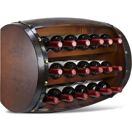 Mounted Wall Wine Rack - 18 Wine Bottles Wooden Barrel Wine Rack, Hanging or Freestanding Floor Wine Holder, Liquor Bar Shelves,