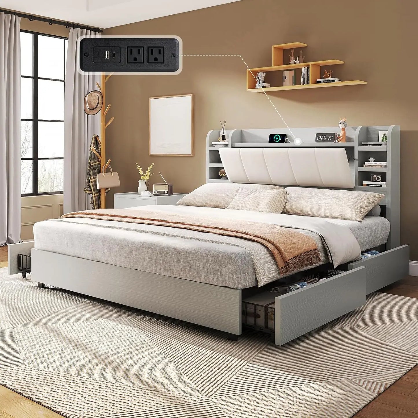 Storage Bed Frame With Charging Station And Bookcase Headboard With Hidden Storage Six Shelves Under Bed Storage