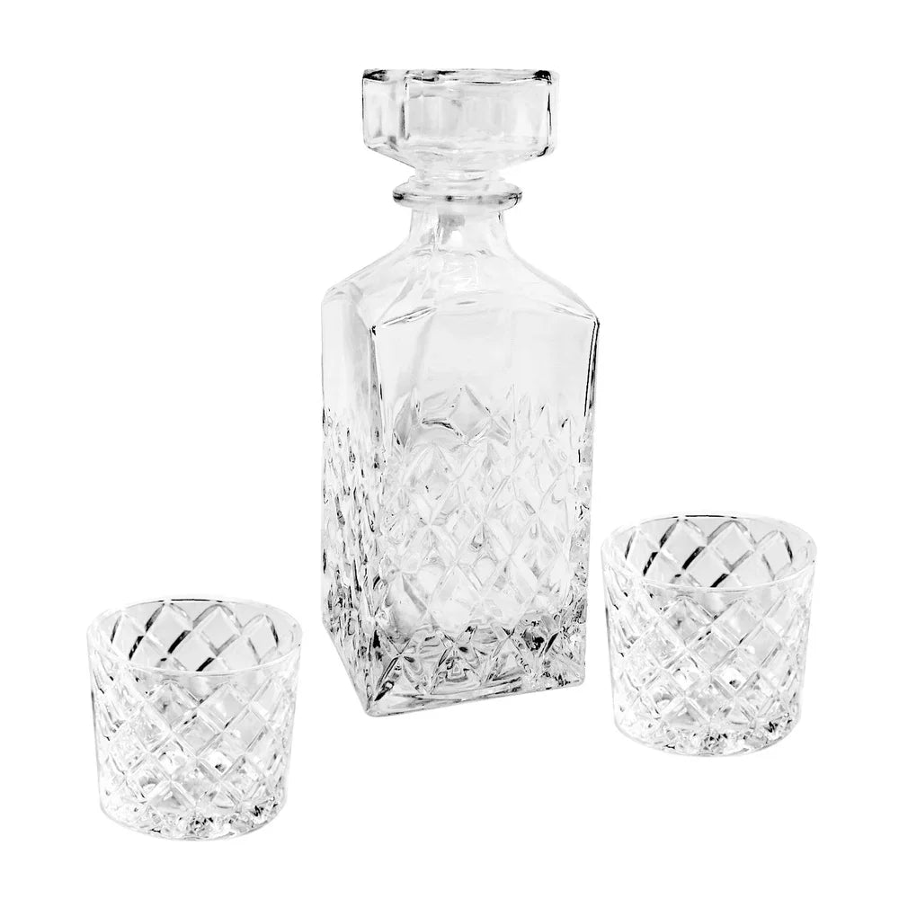 Diamond Cut Clear Glass Decanter Set With Old Fashioned Glasses 3 Pack Durable Dishwasher Safe