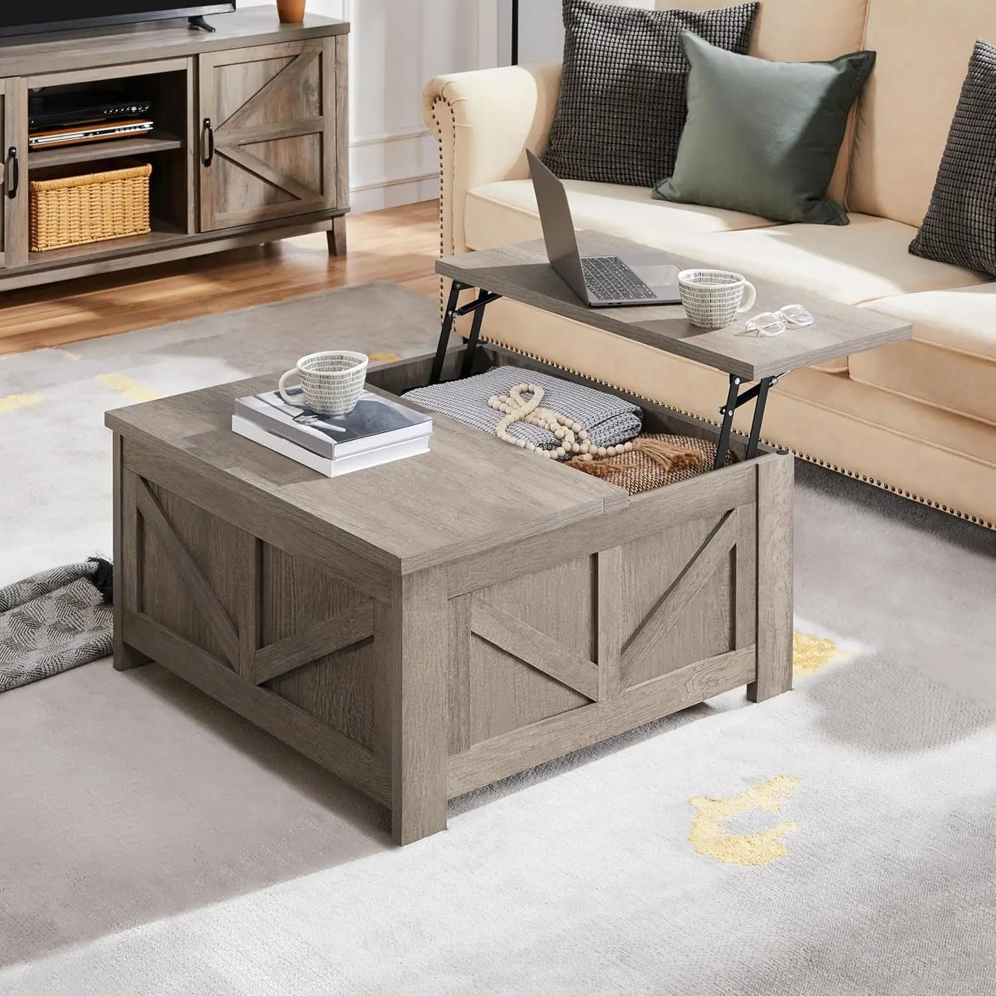 Lift Top Coffee Table with Hidden Storage, Square Farmhouse Design for Living Room and Home Office in Gray
