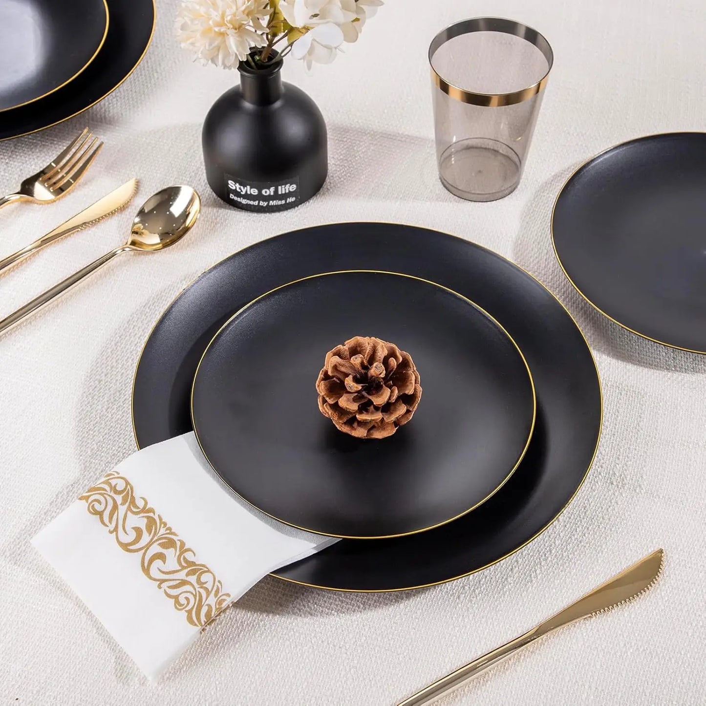 350Pcs Black Gold Matte Disposable Dinnerware Set for Parties, Includes Plates, Silverware, Napkins, Cups