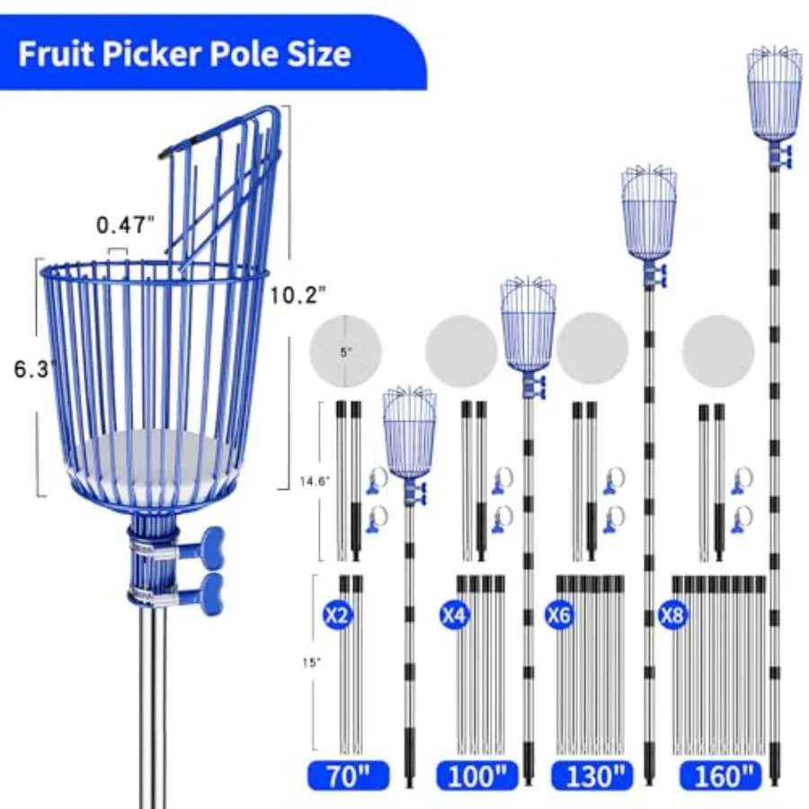 Extendable Fruit Picker Pole With Adjustable Basket For Apple And Citrus Harvesting From Tall Trees