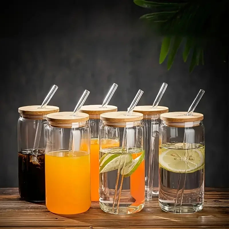 Drinking Glass Set With Bamboo Lids And Glass Straws 6 Piece 18.6 Oz Capacity For Everyday Use