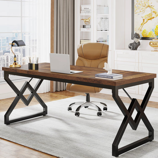 Tribesigns Industrial Executive Office Desk With Dual Monitor Metal Frame