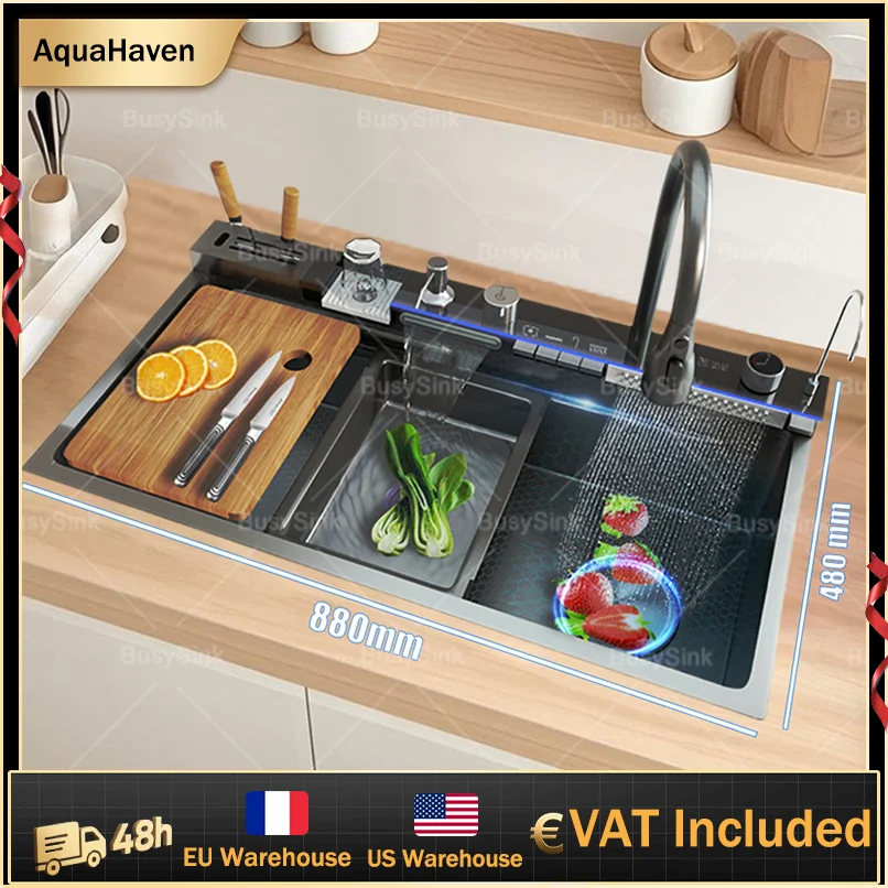 Stainless Steel Waterfall Kitchen Sink Digital Display Large Single Slot Dishwashing Sinks Overseas Warehouse Shipping