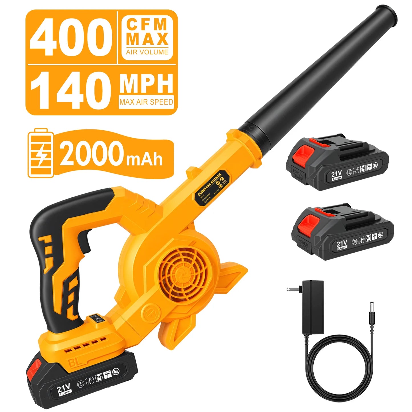 21V Brushless Leaf Blower Kit 150CFM Cordless with Two 2.0Ah Batteries and Detachable Tube