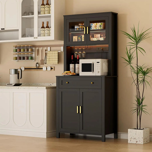 Black Kitchen Pantry Cabinet with LED Light, Power Outlets & Microwave Shelf, 72' Storage Cabinet