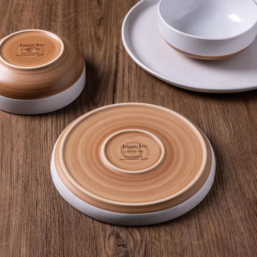 16 Pieces Ceramic Dinnerware Sets for 4 Handpainted Plates and Bowls Set with Rustic Terracotta Underside Scratch Resistant Sto